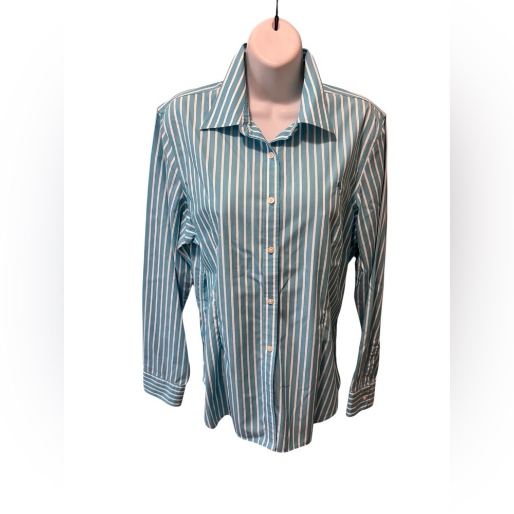 Lauren Ralph Lauren Blue White Stripe Button Down Blouse Sz L 100% Cotton Logo